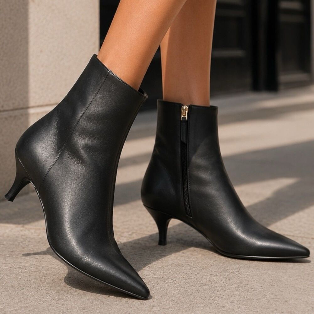 J Crew Black Leather Stevie Kitten Heel Pointed Toe Ankle Boots Luxury 7.5